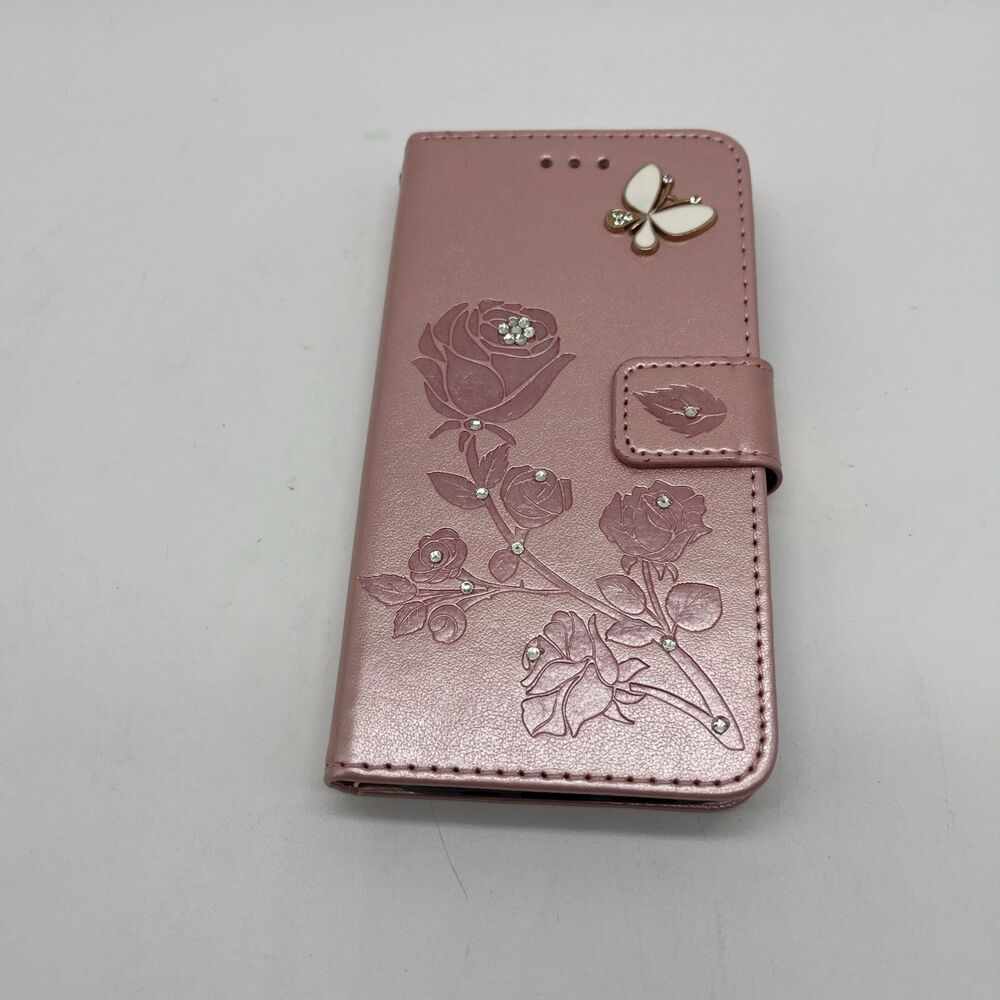 IPhone 13 Case Wallet Pink Bling Butterflies Magnetic Clasp